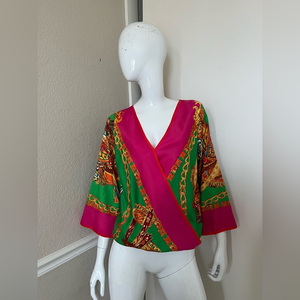 AUM COUTURE Bright Pink/Green Chain Pattern Blouse w/ Wide Sleeves Sz S